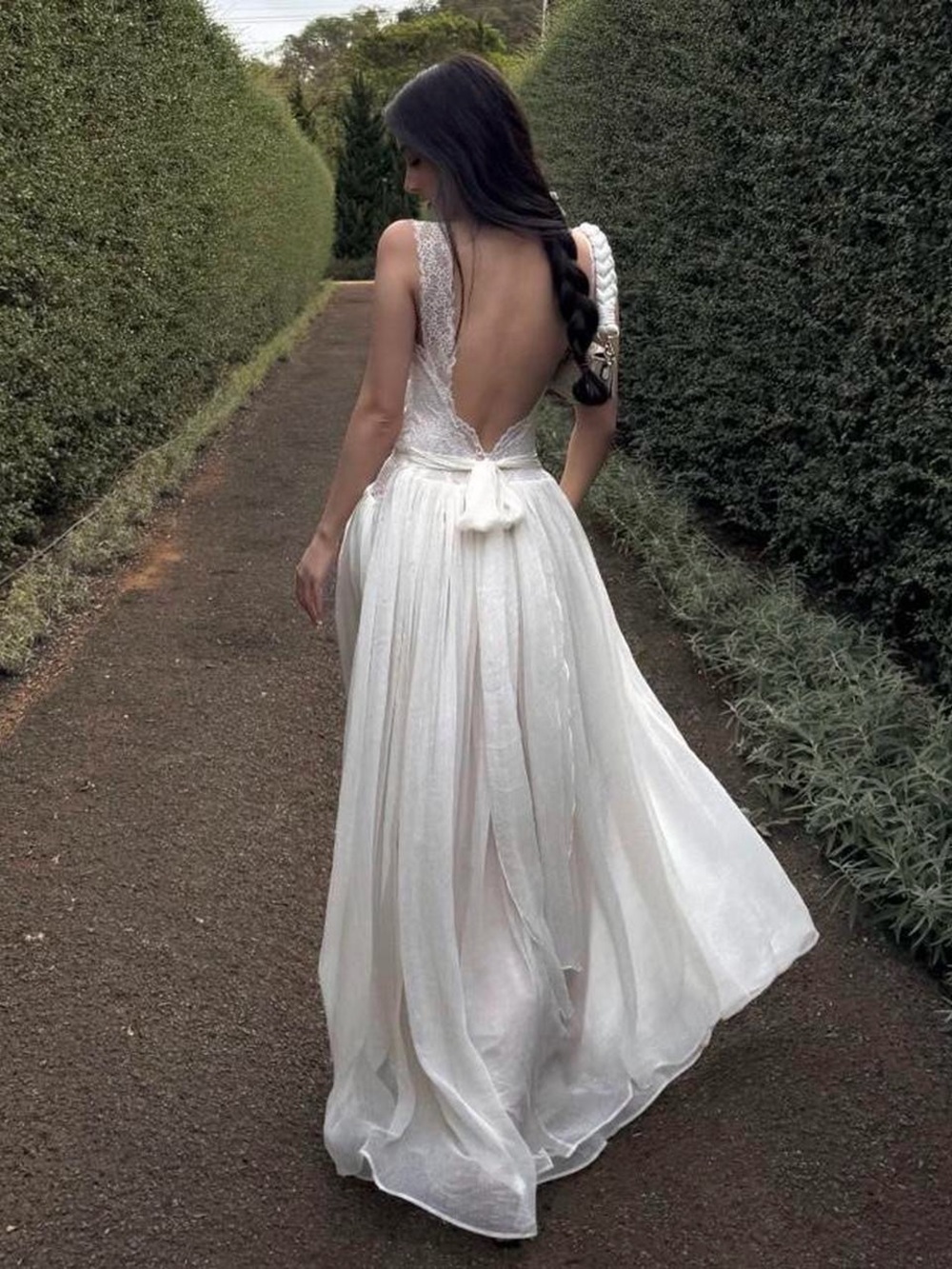 Elegant Backless White Maxi Dress with Lace Straps